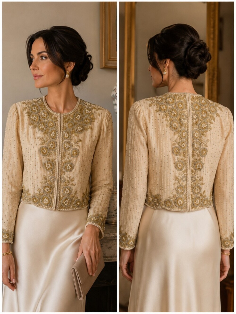 Jeanette for St. Martin vtg rare beaded/pearl silk crop gold evening jacket sz M